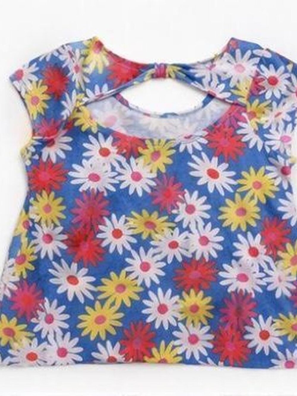Blue Daisy Floral Keyhole Crop Top Cap Sleeve Y2K Coquette Cottagecore Size L